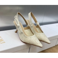 Most Popular Dior J'Adior Slingback Pumps 6.5cm in White Canvas Embroidered with Saint-Gall Motif 071076