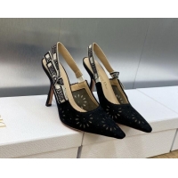 1:1 Dior J'Adior Slingback Pumps 9.5cm in Black Canvas Embroidered with Saint-Gall Motif 071078