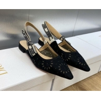 Good Looking Dior J'Adior Slingback Flat in Black Canvas Embroidered with Saint-Gall Motif 071080