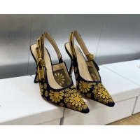 Perfect Dior J'Adior Slingback Pumps 9.5cm in Navy Blue and Yellow Canvas Embroidered with Saint-Gall Motif 071081