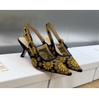 Top Grade Dior J'Adior Slingback Pumps 6.5cm in Navy Blue and Yellow Canvas Embroidered with Saint-Gall Motif 071082