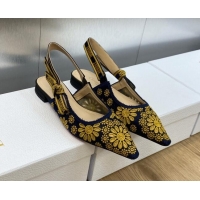 Good Quality Dior J'Adior Slingback Flat in Navy Blue and Yellow Canvas Embroidered with Saint-Gall Motif 071083