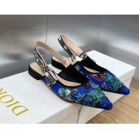 Luxury Discount Dior J'Adior Slingback Flat in Cobalt Blue Multicolor Embroidered Cotton with Toile de Jouy Voyage Motif