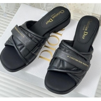 Grade Quality Dior Foldover Flat Slide Sandals in Cannage Lambskin Black 724063