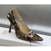 Grade Dior J'Adior Slingback Pumps 9.5cm in Beige and Black Cotton Embroidered with Plan de Paris Motif 902003