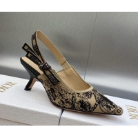 Best Price Dior J'Adior Slingback Pumps 6.5cm in Beige and Black Cotton Embroidered with Plan de Paris Motif 902004