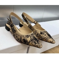 Sophisticated Dior J'Adior Slingback Ballet Flat in Beige and Black Cotton Embroidered with Plan de Paris Motif 902005