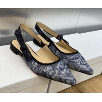 Stylish Dior J'Adior Slingback Ballet Flat in Blue Multicolor Embroidered Denim with Toile de Jouy Sauvage Motif 902008