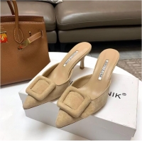 Inexpensive Manolo Blahnik Maysale 70 Buckle Suede Mules MB8974 Apricot