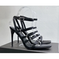 Original Cheap Saint Laurent Jerry High Heel Sandals 10.5cm in Crepe Satin and Crystals Black 614075