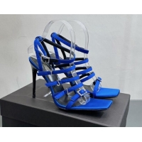 Good Product Saint Laurent Jerry High Heel Sandals 10.5cm in Crepe Satin and Crystals Blue 614077