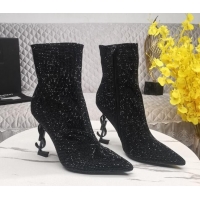 Grade Quality Saint Laurent YSL Heel Crystal Allover Ankle Boots8.5cm Black 091162