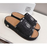 Top Design Loewe Pocket Denim Platform Slide Sandals Black 607109