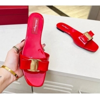 Hot Sell Salvatore Ferragamo Alice Vara Bow Patent Leather Flat Slide Sandals Red/Gold 3012971