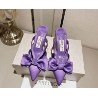 Best Grade Jimmy Choo Flaca Silk Mules 6.5cm with Bow Purple 022431