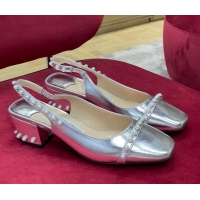 Popular Style Jimmy Choo Hoska Lambskin Slingback Pumps with Pearls Silver 022849