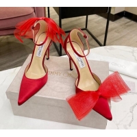 Charming Jimmy Choo Aveline Silk High Heel Pumpss with Large Mesh Bow Red 022866