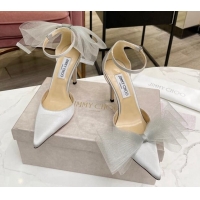 Best Price Jimmy Choo Aveline Silk High Heel Pumpss with Large Mesh Bow White 022867