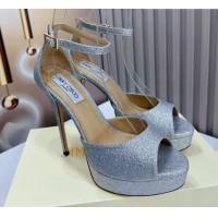 Luxury Jimmy Choo Max Glitter High Heel Platform Sandals 13.5cm Silver 607103