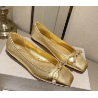 Stylish Jimmy Choo Elme Ballet Flat in Nappa Leather with Pearl Bow Gold 728004