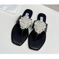 Perfect Jimmy Choo Straw Flat Thong Slide Sandals with Pearls Black 915049