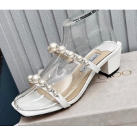 Luxurious Jimmy Choo Amara Leather Heel Slide Sandals 4.5cm with Pearls White 915052