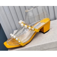 Low Price Jimmy Choo Amara Leather Heel Slide Sandals 4.5cm with Pearls Yellow 915054 