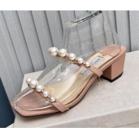 Unique Discount Jimmy Choo Amara Leather Heel Slide Sandals 4.5cm with Pearls Nude 915055