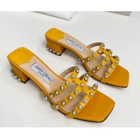 Good Taste Jimmy Choo Leather Heel Slide Sandals 4.5cm with Pearls Yellow 915057