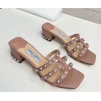 Top Grade Jimmy Choo Leather Heel Slide Sandals 4.5cm with Pearls Nude 915060