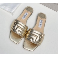 Popular Style Jimmy Choo Leather Flat Slide Sandals with JC Charm Gold 915066