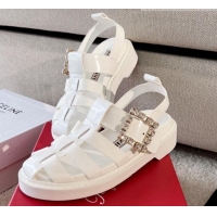 Good Quality Roger Vivier Viv' Rangers Crystal Buckle Sandals in Leather and Nylon White 712028