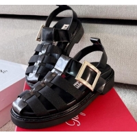 Pretty Style Roger Vivier Viv' Rangers Metal Buckle Sandals in Leather and Nylon Black 712031