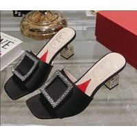 Low Price Roger Vivier Cube Strass Buckle Heel Slide Sandals 4.5cm in Satin Black 718020