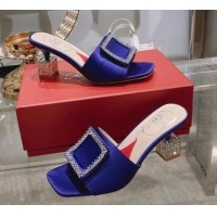 Most Popular Roger Vivier Cube Strass Buckle Heel Slide Sandals 4.5cm in Satin Blue 718021