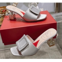 Good Looking Roger Vivier Cube Strass Buckle Heel Slide Sandals 4.5cm in Satin Light Grey 718023