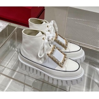 Shop Duplicate Roger Vivier Viv' Go-Thick Strass Buckle Hi-Top Sneakers in Canvas White 238335