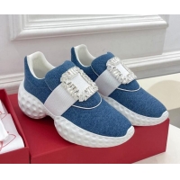 Good Quality Roger Vivier Viv Run Moonlight Crystal Buckle Sneakers in Blue Denim 809049