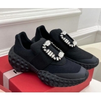 Grade Quality Roger Vivier Viv Run Moonlight Crystal Buckle Sneakers in Fabric Black 809052