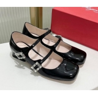 1:1 aaaaa Roger Vivier Trés Vivier Strass Buckle Mini Babies Ballerinas 3cm in Patent Leather Black 814085