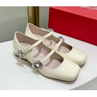 Sophisticated Roger Vivier Trés Vivier Strass Buckle Mini Babies Ballerinas 3cm in Patent Leather White 814086