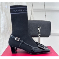 Good Quality Roger Vivier Belle Vivier Sock Lacquered Buckle Ankle Boots 4.5cm in Patent Leather Black 831041