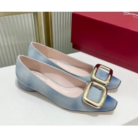 Luxurious Roger Vivier Viv' Choc Metal Buckle Ballerinas in Denim Light Blue 902079