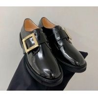 Top Design Roger Vivier Viv' Rangers Metal Buckle Monkstraps Loafers in Shiny Leather Black 091190