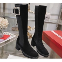 SumptuousRoger Vivier Viv' Rangers Strass Buckle High Chelsea Boots 6cm in Suede Black 091193