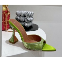 Pretty Style Amina Muaddi Caroline Crystal Heeled Slide Sandals in Satin 9.5cm Green 020604