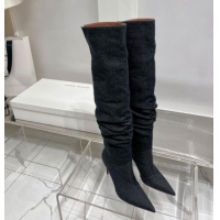 Unique Style Amina Muaddi Jahleel Thigh High Boot 95MM ST Heel Black Denim 238305