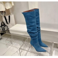 Hot Style Amina Muaddi Jahleel Thigh High Boot 95MM ST Heel Blue Denim 238302