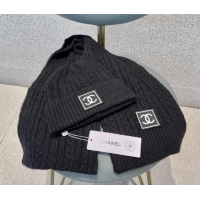 Unique Grade Chanel Knit Hat and Scarf Set 0919 Black 2023