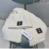 Well Crafted Chanel Knit Hat and Scarf Set 0919 White 2023